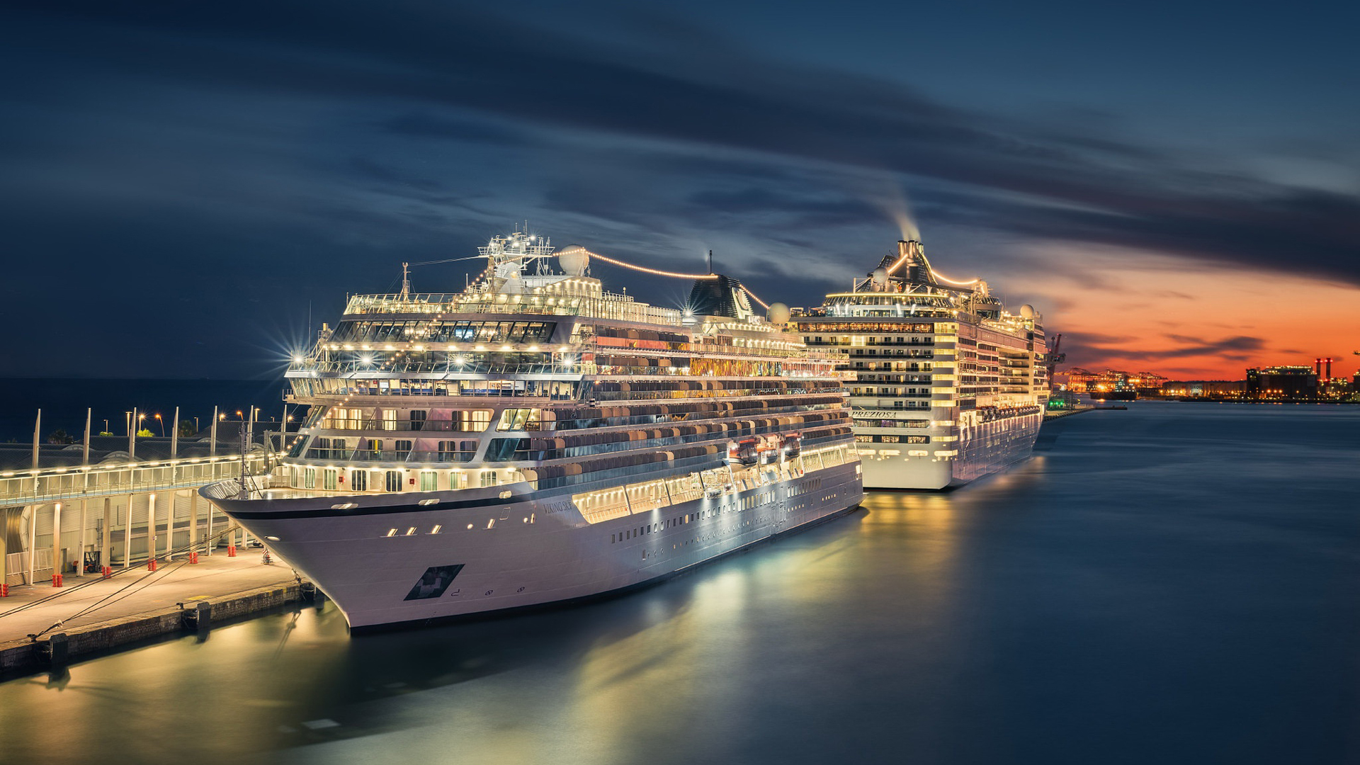 cruise ships on harbour with shimmering lights during evening time hd cruise ship
